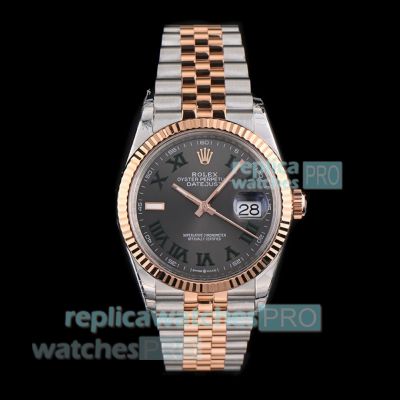 B Factory Swiss Clone Rolex Datejust 36mm Half Rose Gold Green Roman Dial Watch 